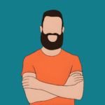 A flat vector illustration of a man with dark hair and a beard, wearing an orange t-shirt with his arms crossed, set against a solid teal background.